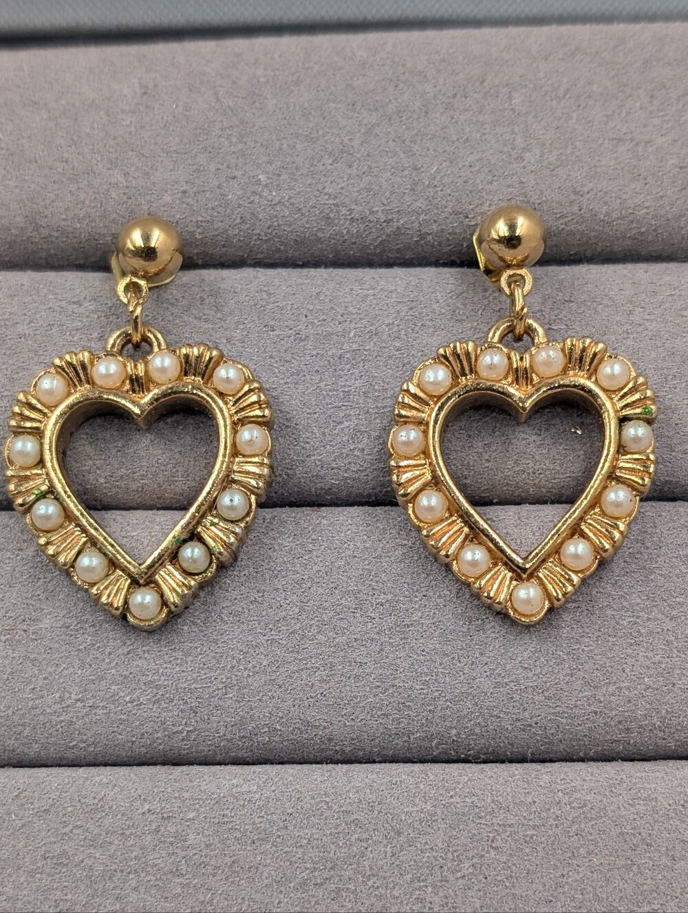 Avon Gold-Tone Heart Drop Earrings with Pearl Accents
